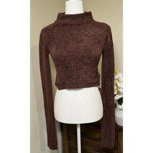 Double Zero Brown Fuzzy Mock Neck Cropped Sweater Women’s Size L Soft Knit NWT